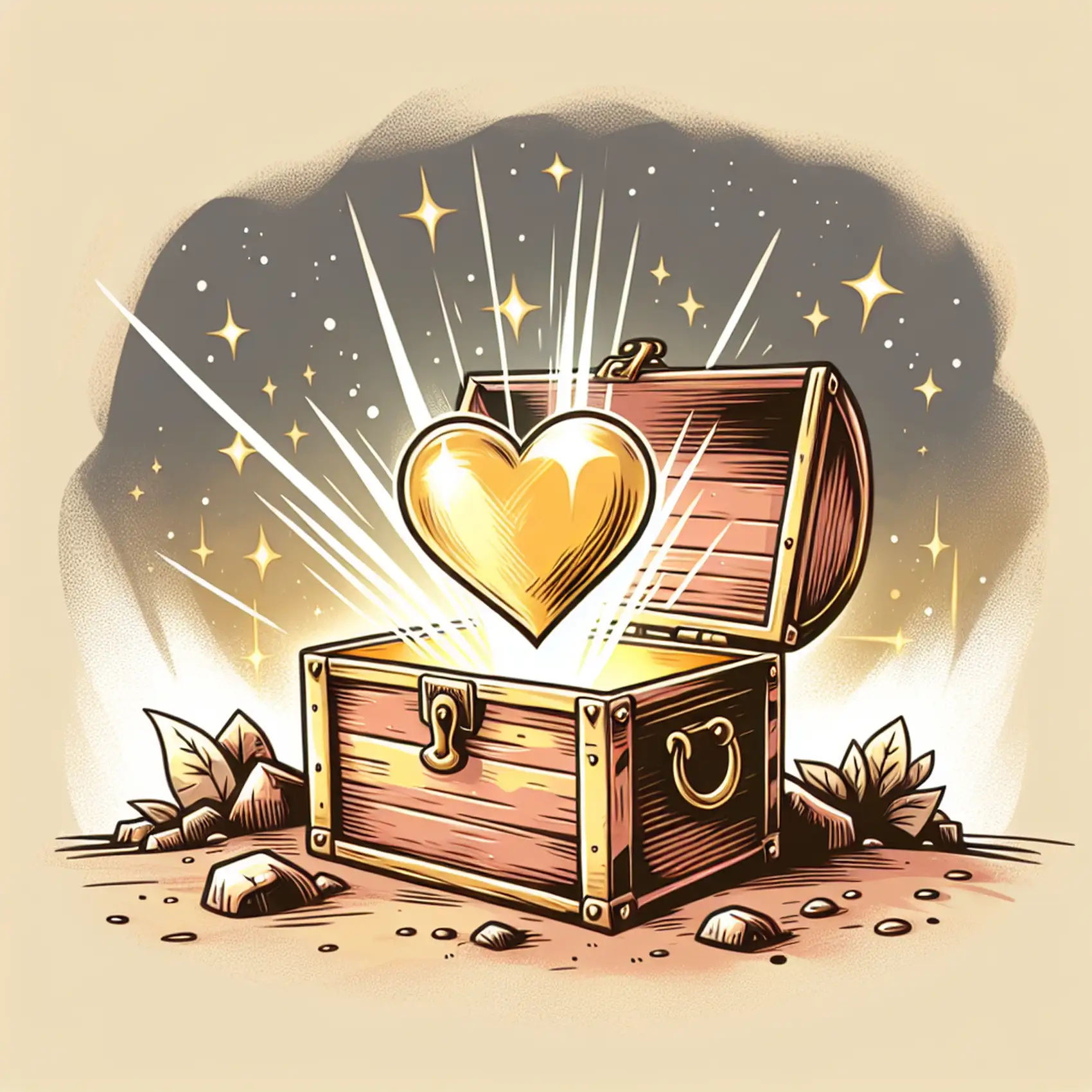 An open treasure chest with a glowing heart, symbolizing shared love and connection.