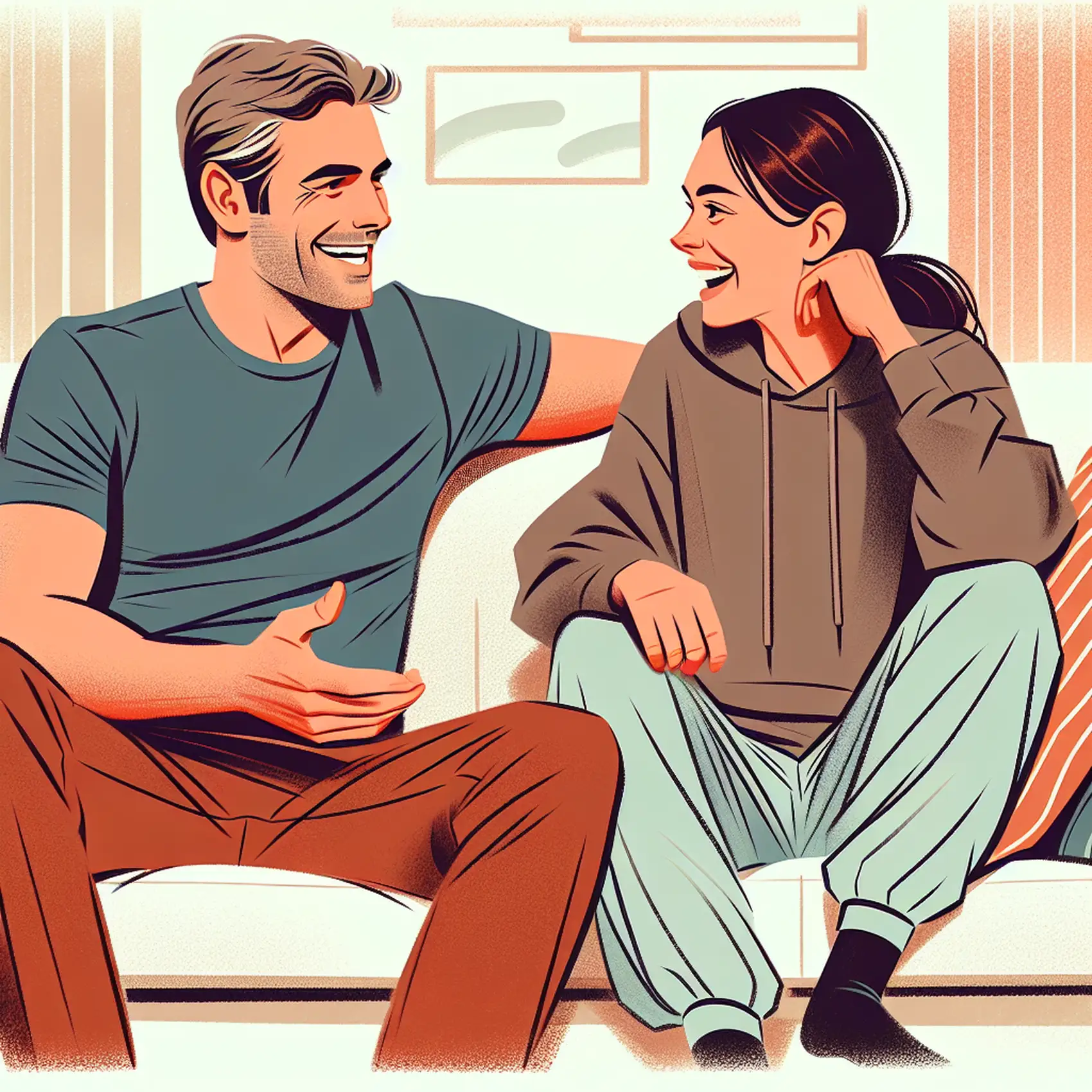 A middle-aged couple smiling and chatting on the couch, enjoying a cozy and intimate moment.