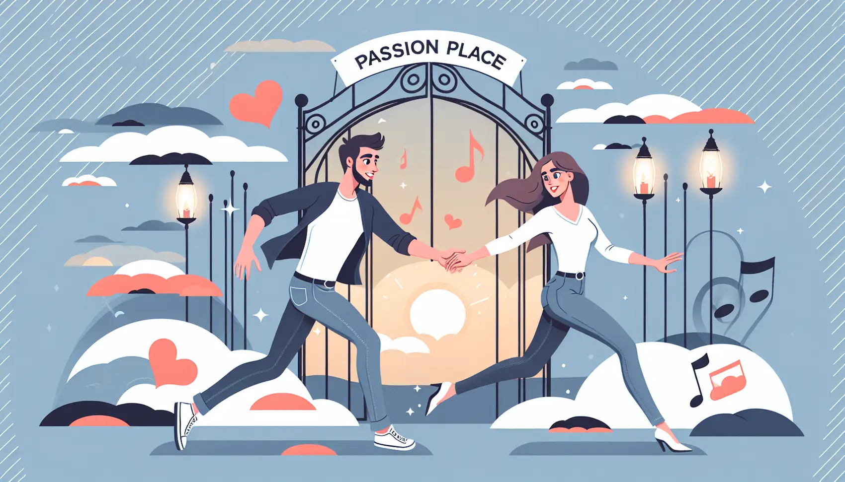 Couple holding hands, joyfully running towards 'Passion Place' gate, depicting romance and intimacy.