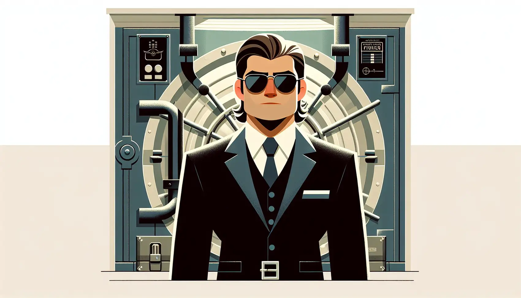 A stylized security agent in front of a vault, representing data protection and privacy.