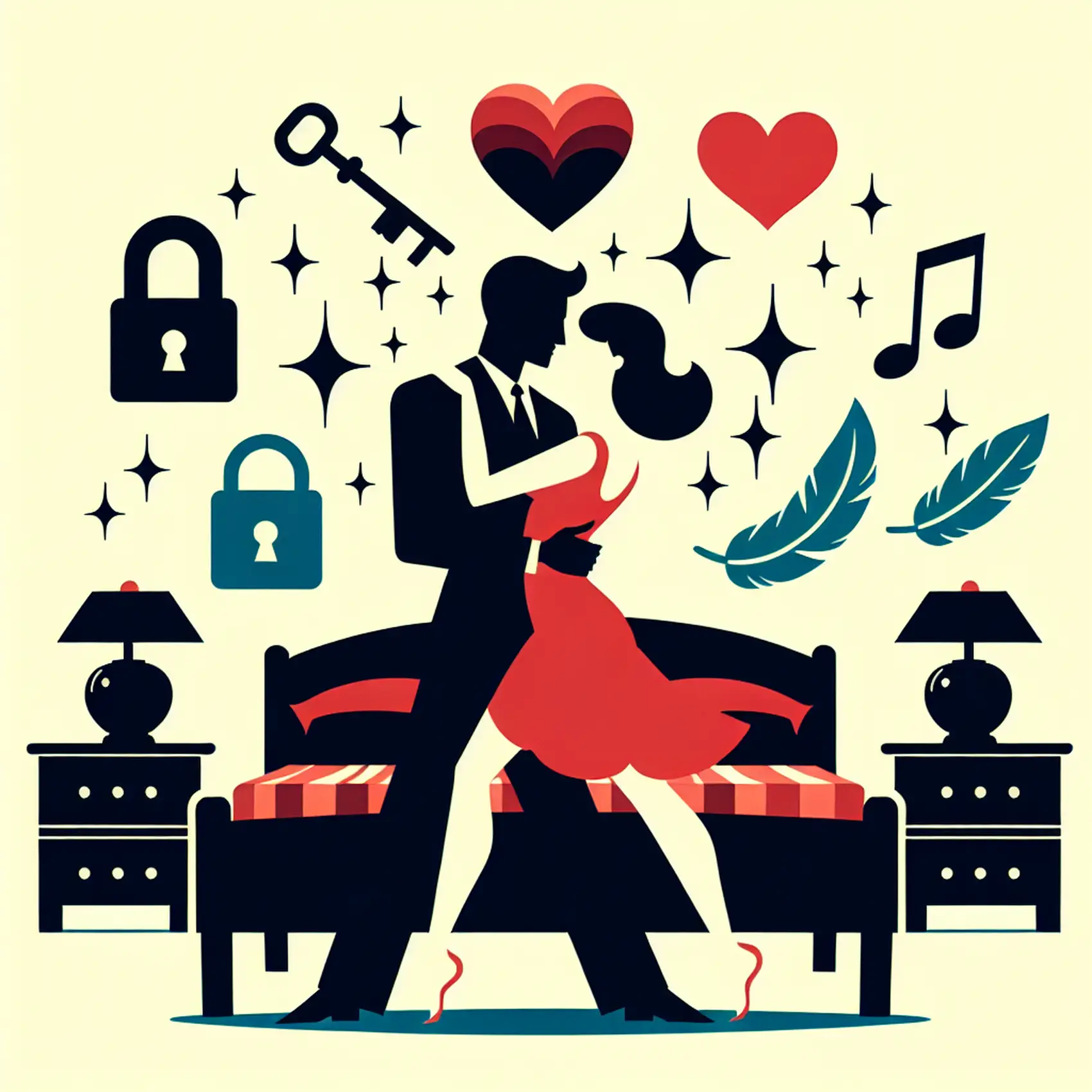 Silhouetted couple dancing gracefully with romantic symbols and a bed, representing intimate connection.